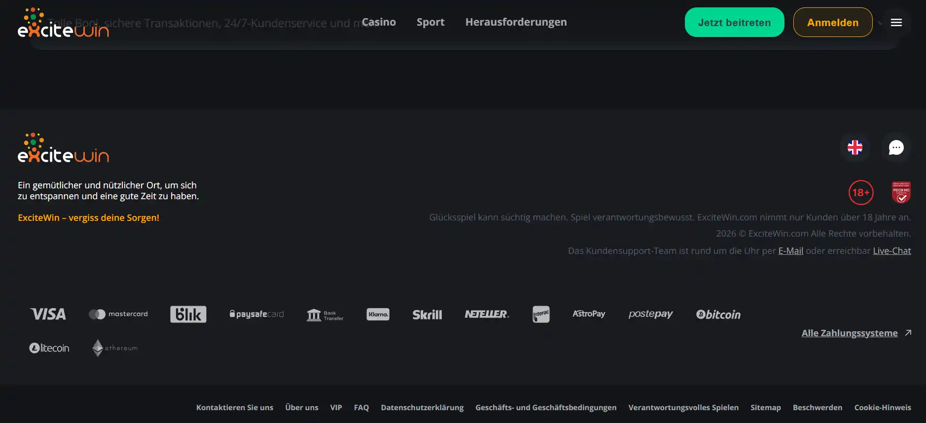 Kontaktbereich mit Kundendiensthinweis und E-Mail-Kontakt bei ExciteWin