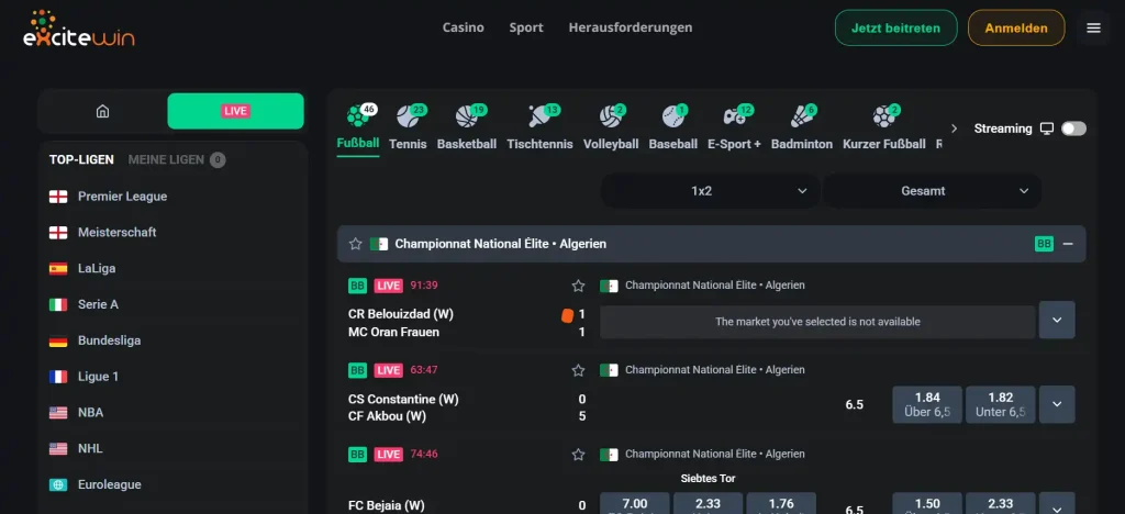 Informationsbereich zu Live-Wetten mit Angaben zum Spielverlauf bei ExciteWin