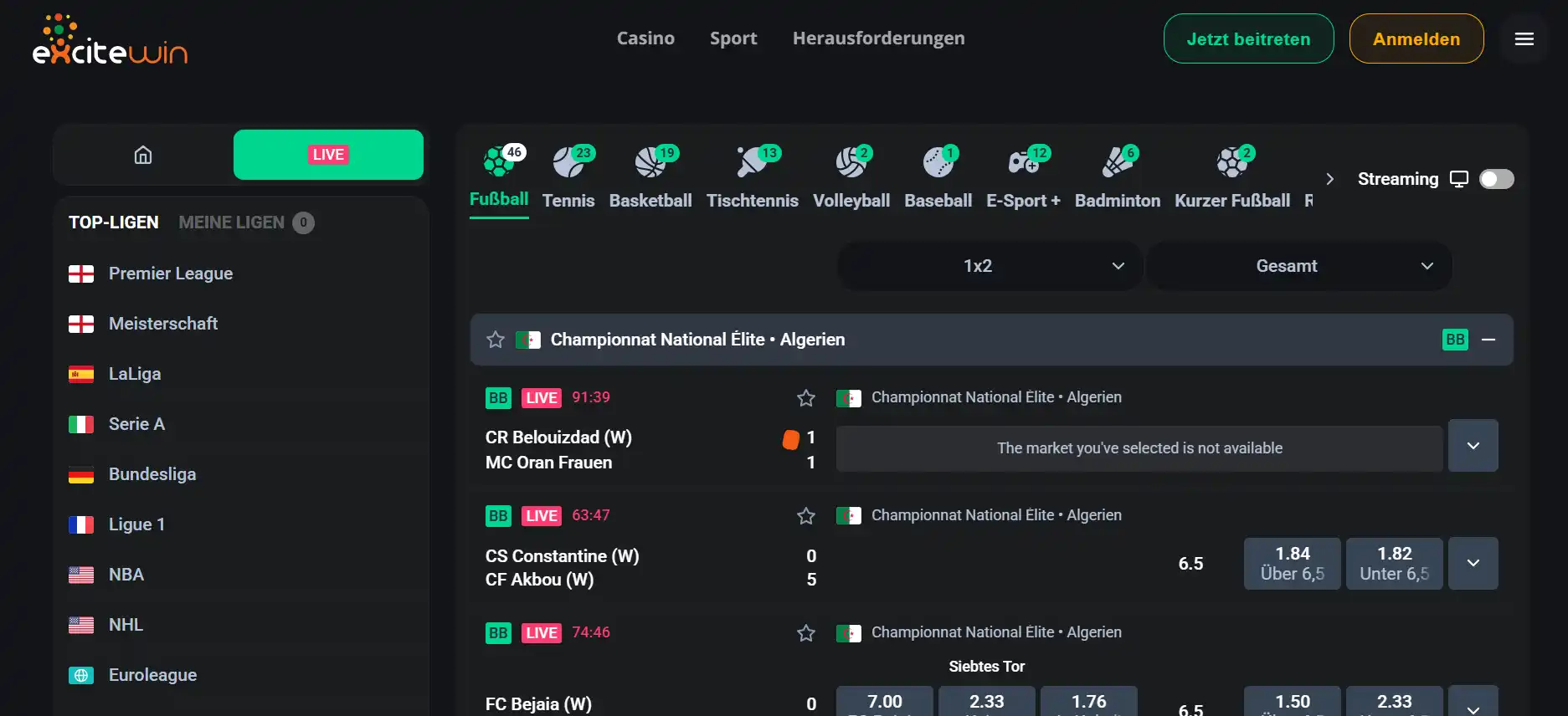 Informationsbereich zu Live-Wetten mit Angaben zum Spielverlauf bei ExciteWin