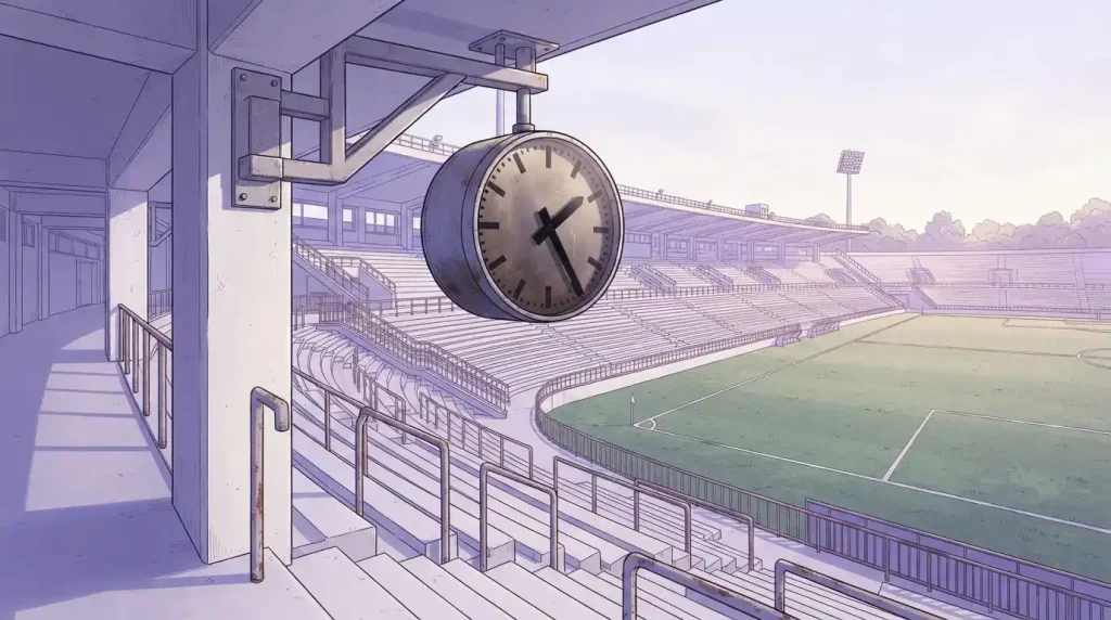 Analoge Stadionuhr über der Tribüne und Blick auf das Spielfeld